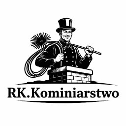 R.K.Kominiarstwo - Czarno-biała grafika: uśmiechnięty kominiarz w cylindrze, z szczotką na ramieniu, stoi za kominem. Pod spodem napis 'RK.Kominiarstwo'.