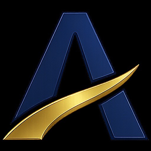 Graficzne logo z literą A w kolorze granatowym, przecięte złotym, dynamicznym elementem. Całość na czarnym tle, tworząca nowoczesny i elegancki znak firmowy.