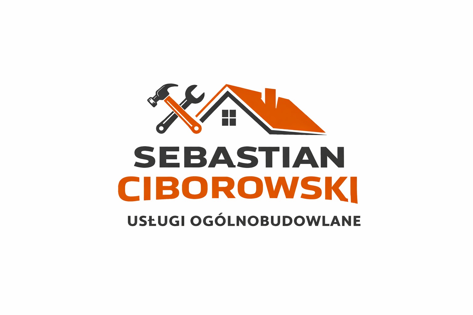 Logo firmy Sebastian Ciborowski. Dach domu, skrzyżowane narzędzia (młotek i klucz), napis 'Sebastian Ciborowski' i 'Usługi ogólnobudowlane'.
