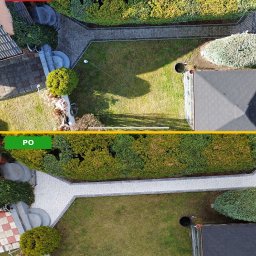 GlancMycie - Zdjęcie z drona prezentujące efekt przed i po czyszczenia kostki brukowej i trawnika. Widoczne różnice w czystości powierzchni i zieleni. Ujęcie z góry.