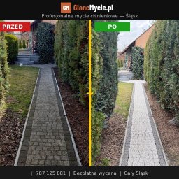 GlancMycie - Efekt 'przed i po' mycia ciśnieniowego kostki brukowej na posesji. Po lewej stronie widoczna brudna kostka, po prawej czysta, jasna. Ujęcie z perspektywy pieszego.