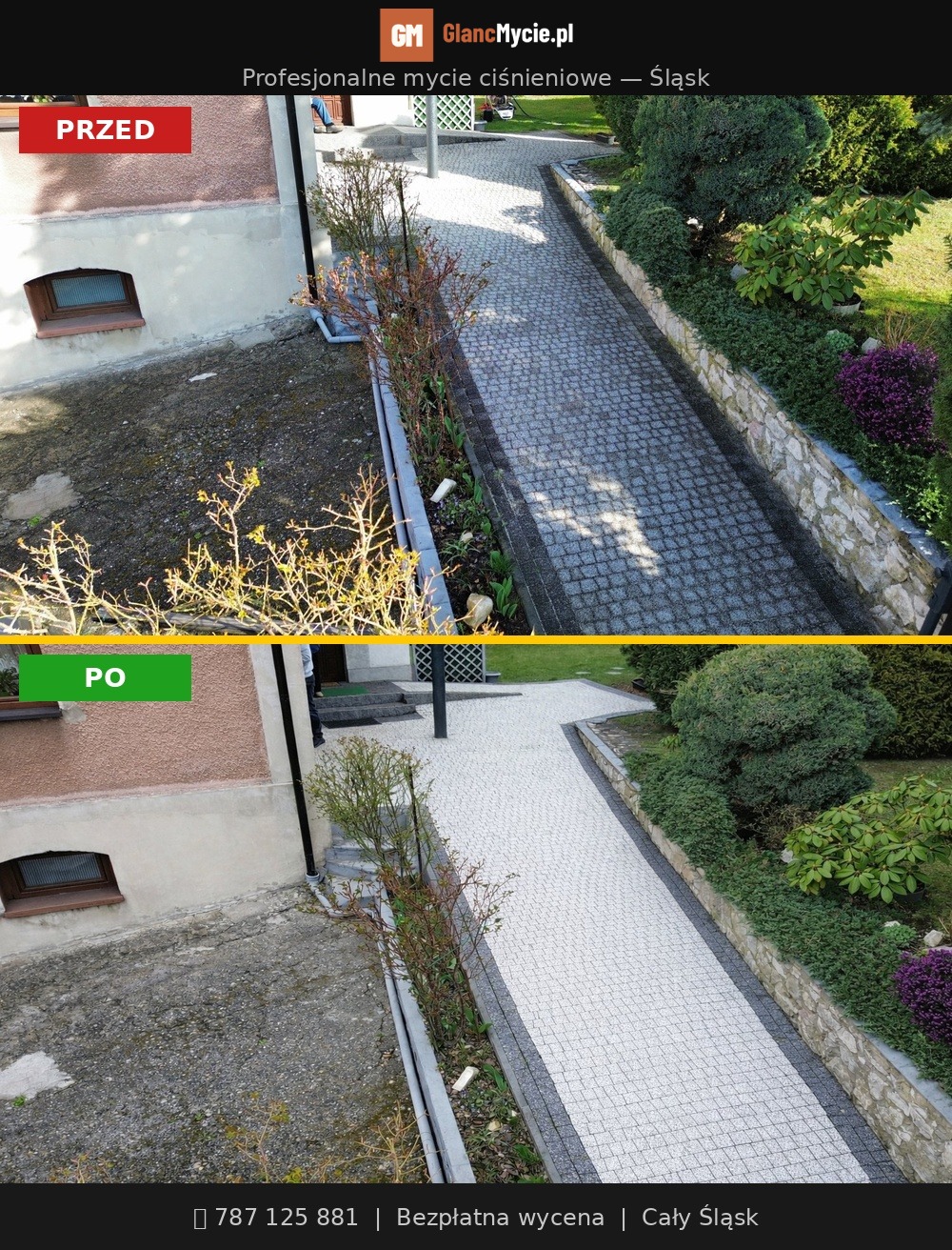 Zdjęcie 'przed i po' prezentujące efekt czyszczenia kostki brukowej na posesji. Widoczna różnica w wyglądzie nawierzchni, od zabrudzonej do czystej, zarys budynku w tle.