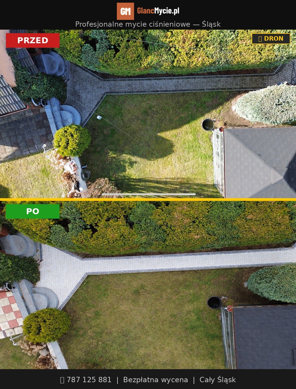 Zdjęcie z drona prezentujące efekt przed i po czyszczenia kostki brukowej i trawnika. Widoczne różnice w czystości powierzchni i zieleni. Ujęcie z góry.