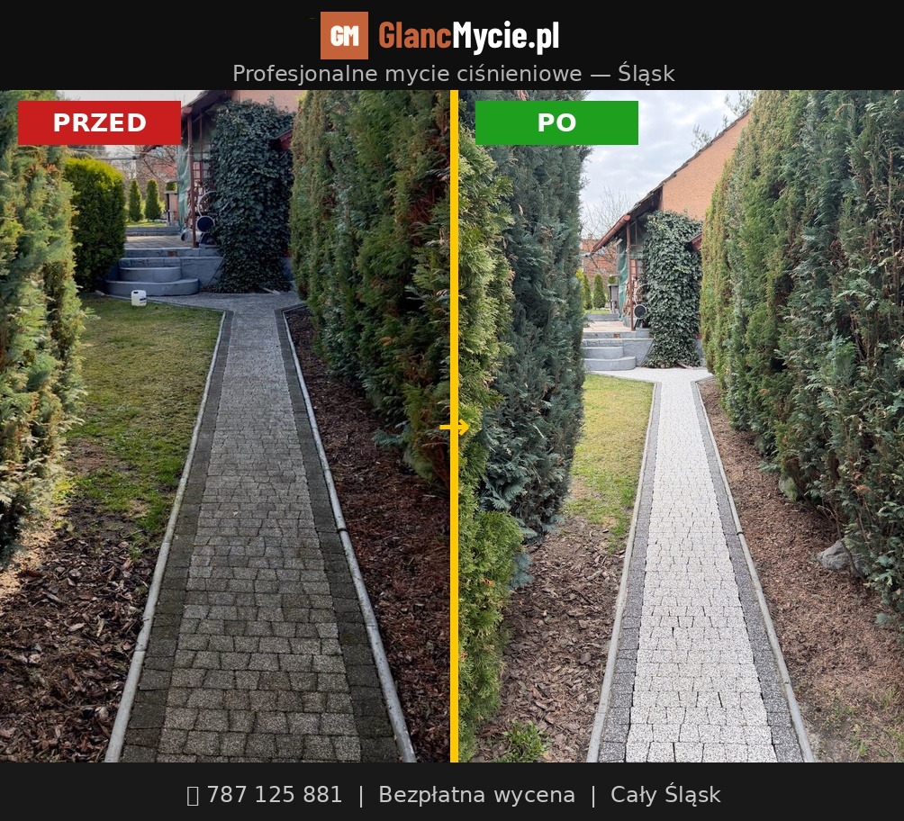 Efekt 'przed i po' mycia ciśnieniowego kostki brukowej na posesji. Po lewej stronie widoczna brudna kostka, po prawej czysta, jasna. Ujęcie z perspektywy pieszego.