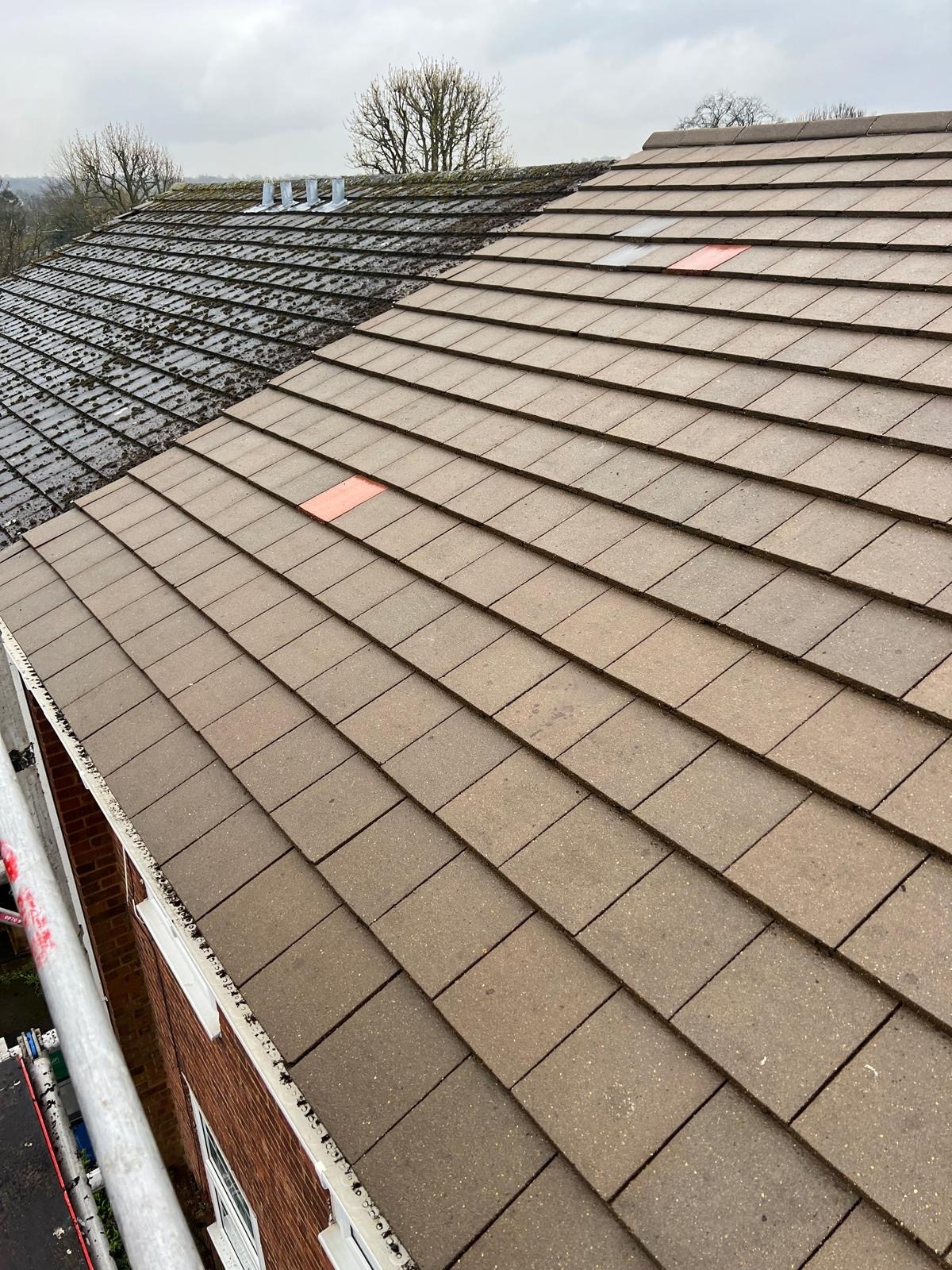 Częściowo wyczyszczony dach z brązowej dachówki, widoczne rusztowanie i fragment elewacji z cegły. Po lewej stronie dach pokryty mchem, po prawej czysty.