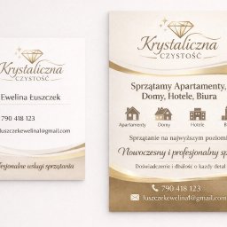 Ewelina Łuszczek - Wizytówka i ulotka firmy sprzątającej z logo 'Krystaliczna Czystość', oferującej sprzątanie apartamentów, domów, hoteli i biur. Kontakt: 790 418 123, luszczekewelina1@gmail.com.