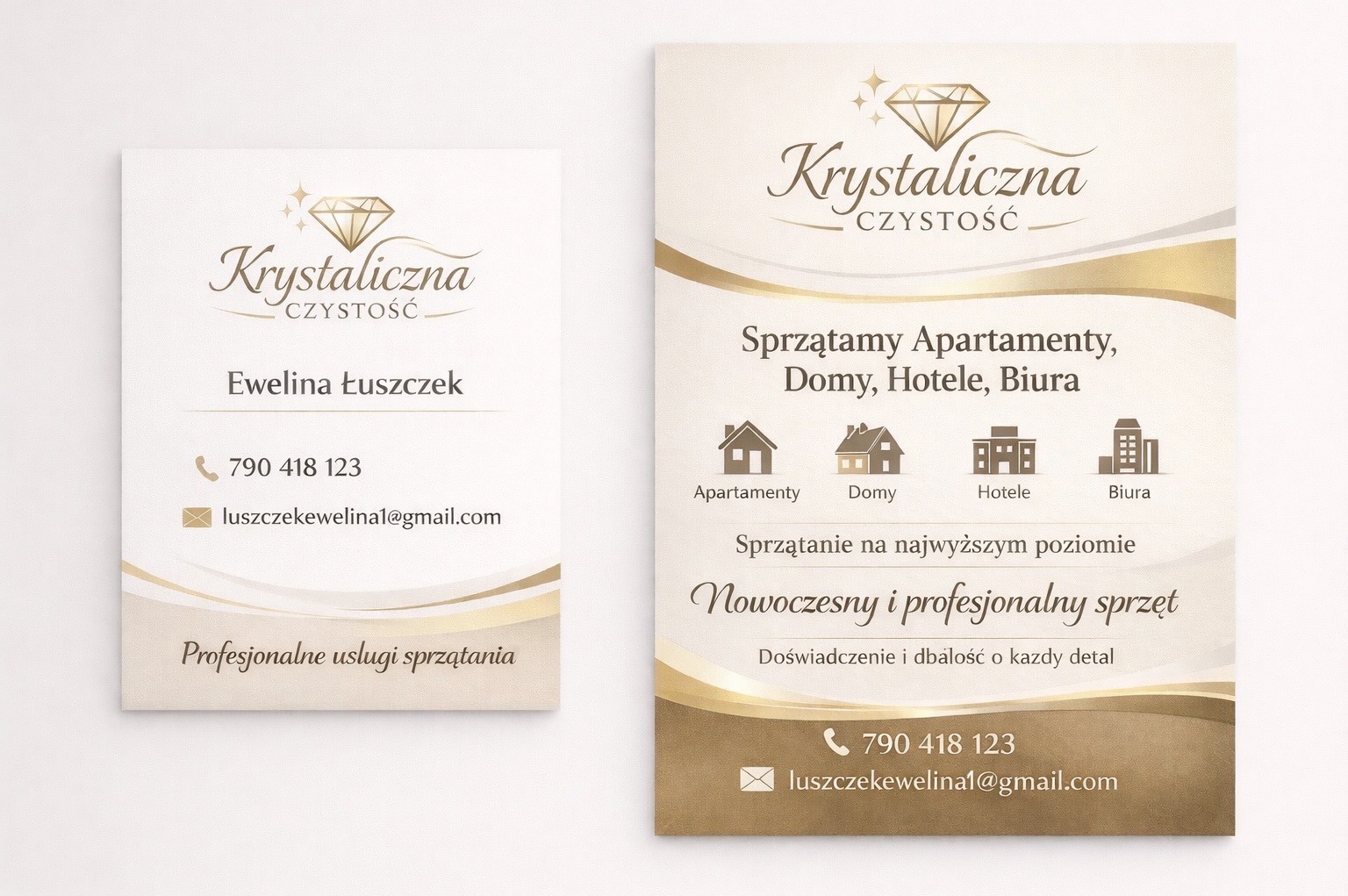 Wizytówka i ulotka firmy sprzątającej z logo 'Krystaliczna Czystość', oferującej sprzątanie apartamentów, domów, hoteli i biur. Kontakt: 790 418 123, luszczekewelina1@gmail.com.