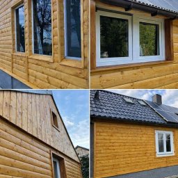 BaliHouse - Dom z elewacją z drewnianych bali, widoczne okna z białymi ramami, dach z panelami słonecznymi. Cztery ujęcia prezentują detale wykończenia.