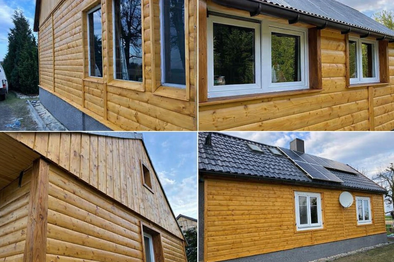 Dom z elewacją z drewnianych bali, widoczne okna z białymi ramami, dach z panelami słonecznymi. Cztery ujęcia prezentują detale wykończenia.