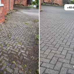 Whosh - Mycie kostki brukowej - Kostka brukowa przed i po czyszczeniu, widoczne różnice w zabrudzeniu i porostach. Po prawej stronie czysta kostka, po lewej zabrudzona. Układ w jodełkę.