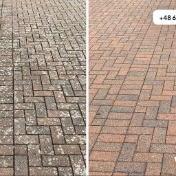 Whosh - Mycie kostki brukowej - Kostka brukowa przed i po czyszczeniu. Lewa strona pokryta mchem i zabrudzeniami, prawa strona czysta, ukazująca naturalny kolor i wzór kostki.