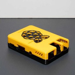 Kamil Czernik - Żółto-czarna obudowa Raspberry Pi z logo maliny, wykonana metodą druku 3D. Widoczne otwory wentylacyjne i porty. Precyzyjne wykonanie, gładka powierzchnia.