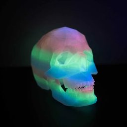 Kamil Czernik - Wielobarwna, półprzezroczysta czaszka, wydrukowana w technologii 3D, o geometrycznej fakturze, oświetlona od wewnątrz, na czarnym tle.