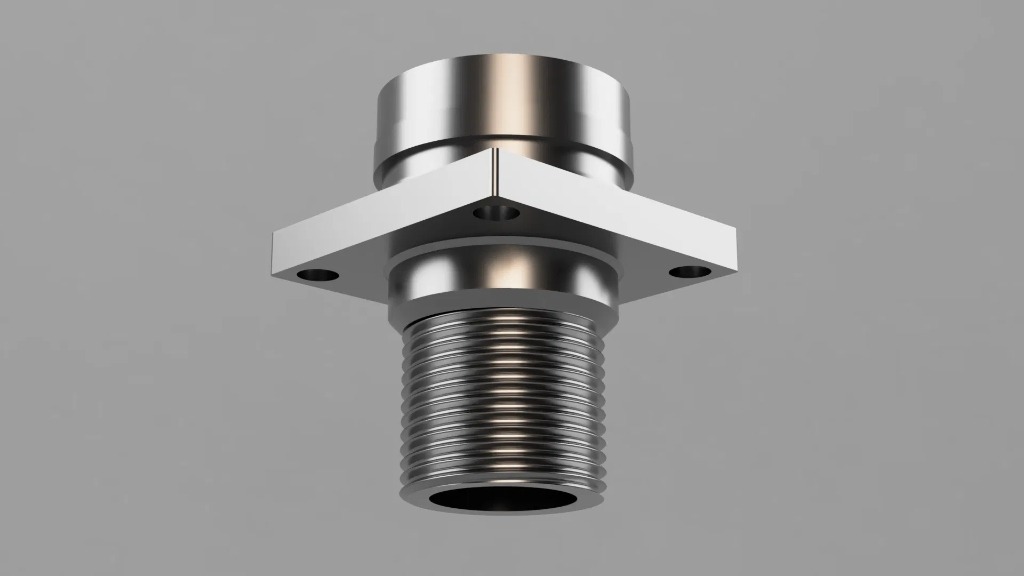 Model 3D metalowego elementu z gwintem i kwadratową podstawą, wykonany w Halinowie. Precyzyjne odwzorowanie detali, gładka powierzchnia, neutralne tło.
