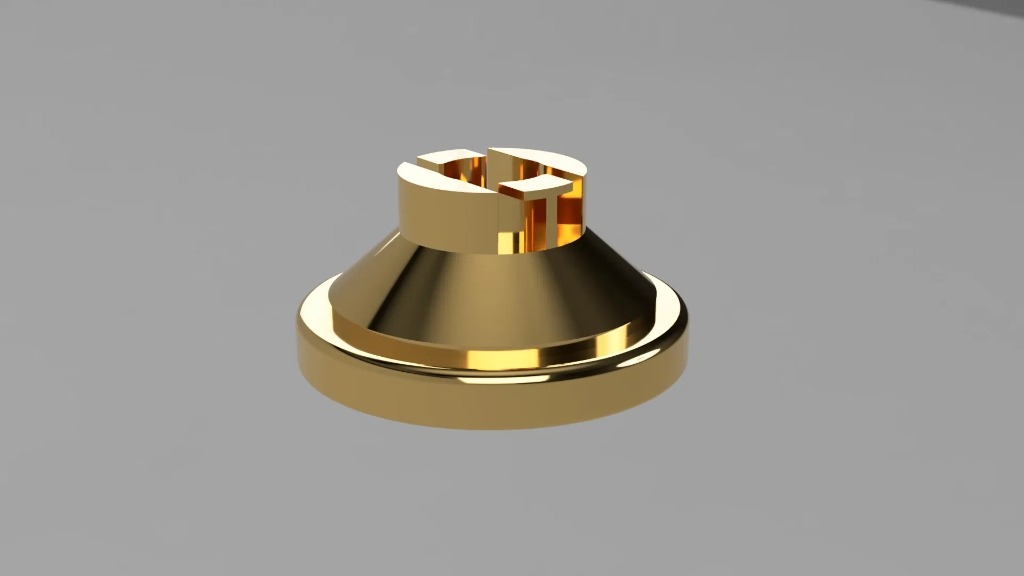 Złoty, błyszczący model 3D z charakterystycznym wycięciem krzyżowym na górze, ukazany na gładkim, szarym tle. Precyzyjne detale i realistyczne oświetlenie.