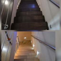 Art.Parkiety - Schody drewniane przed i po renowacji, z ciemnego drewna na jasne, z oświetleniem punktowym przy schodach i metalową balustradą. Widok z góry.