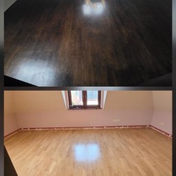 Art.Parkiety - Zdjęcie 'przed i po' prezentujące renowację drewnianej podłogi na poddaszu z oknem dachowym. Widoczne różnice w kolorze i stanie desek przed i po odnowieniu.