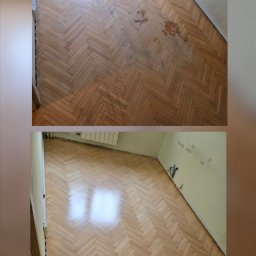Art.Parkiety - Parkiet ułożony w jodełkę przed i po renowacji. Widoczne różnice w kolorze i połysku. Górna część zdjęcia przedstawia parkiet przed, a dolna po renowacji.