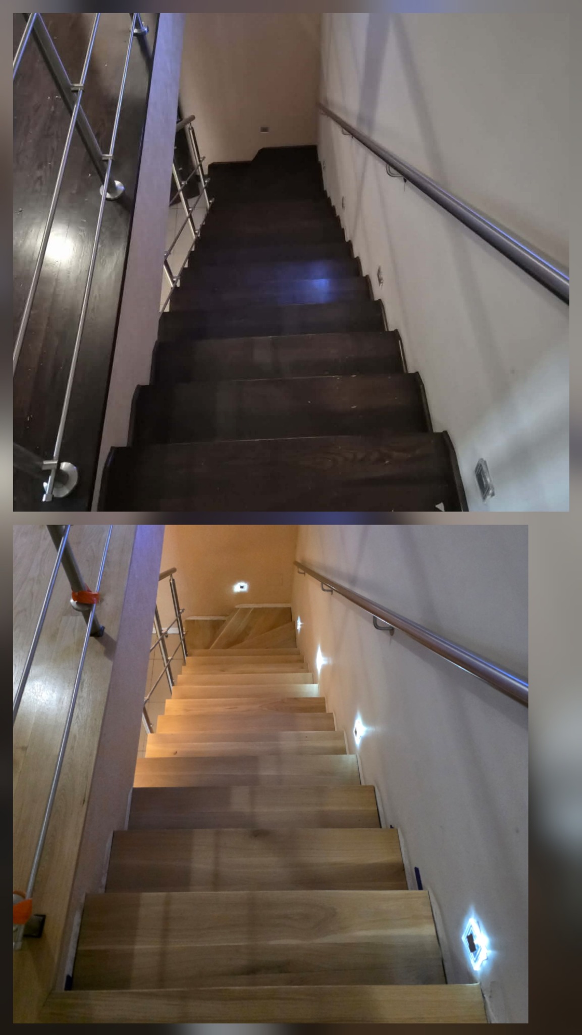 Schody drewniane przed i po renowacji, z ciemnego drewna na jasne, z oświetleniem punktowym przy schodach i metalową balustradą. Widok z góry.