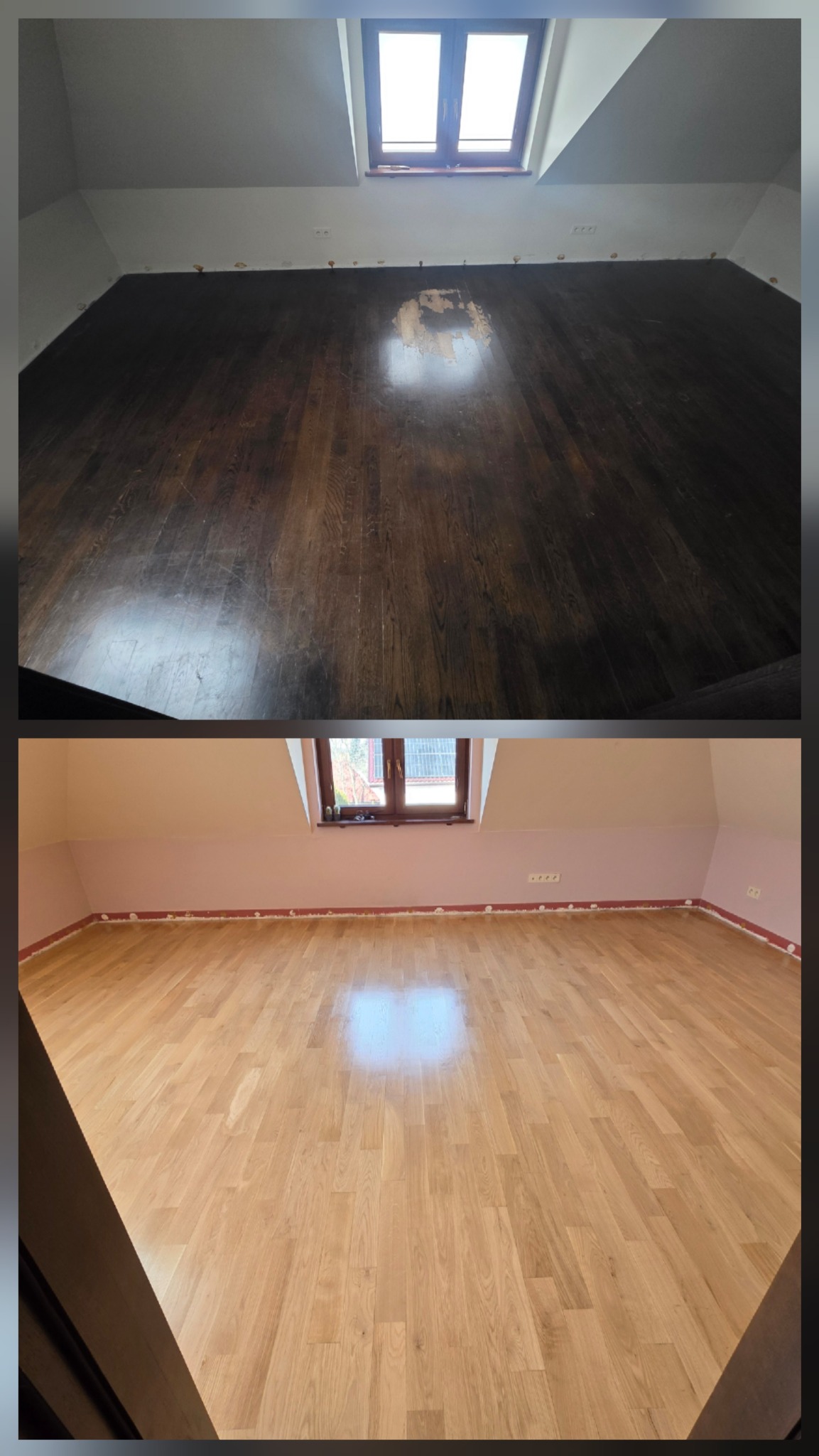 Zdjęcie 'przed i po' prezentujące renowację drewnianej podłogi na poddaszu z oknem dachowym. Widoczne różnice w kolorze i stanie desek przed i po odnowieniu.