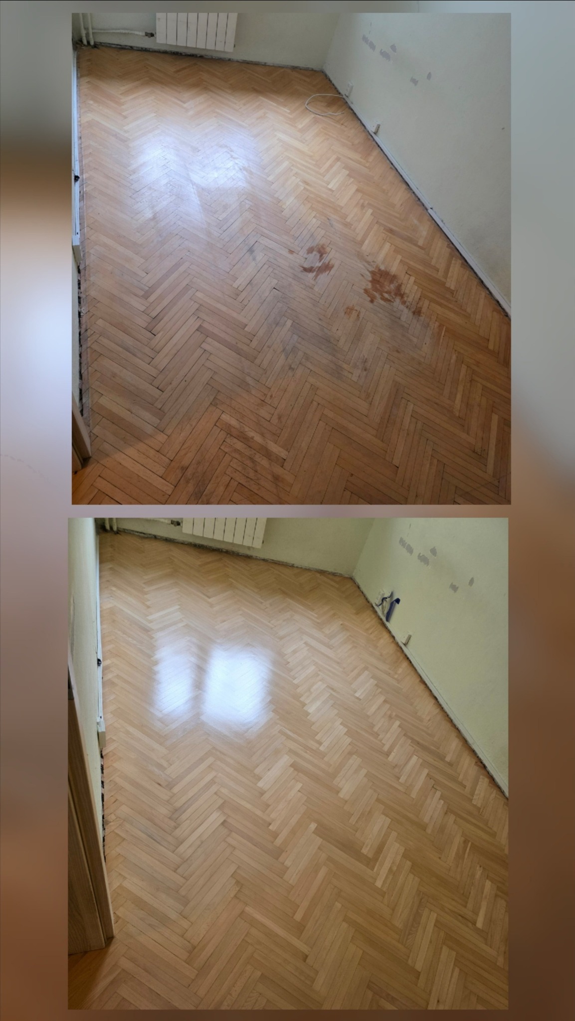 Parkiet ułożony w jodełkę przed i po renowacji. Widoczne różnice w kolorze i połysku. Górna część zdjęcia przedstawia parkiet przed, a dolna po renowacji.