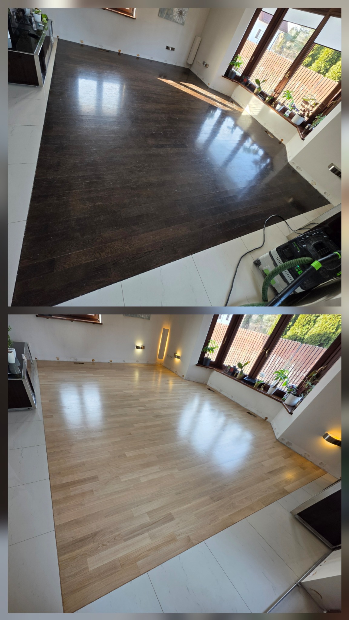 Parkiet przed i po renowacji w Warszawie. Na górze ciemne drewno, na dole jasne, odświeżone. Widoczne okna i rośliny doniczkowe.