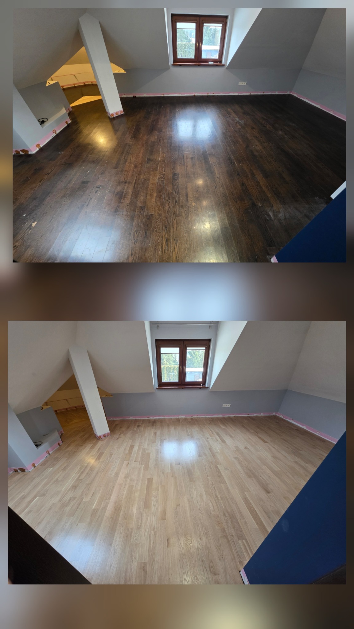 Zdjęcie 'przed i po' prezentujące odnowioną drewnianą podłogę na poddaszu. Widoczne różnice w kolorze i połysku drewna po zabiegu. Okno dachowe w tle.