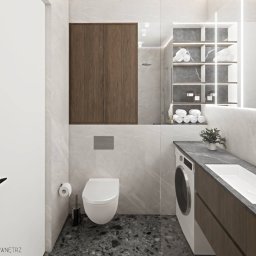 PROJEKTOWANIE WNĘTRZ Adrianna Lis - Nowoczesna łazienka z marmurowymi płytkami, drewnianymi szafkami i podświetlanym lustrem. Uwagę przykuwa pralka w zabudowie obok umywalki.