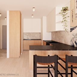 PROJEKTOWANIE WNĘTRZ Adrianna Lis - Wizualizacja kuchni z wyspą i hokerami. Marmurowy backsplash, drewniane szafki i blat. Na ścianie grafika inspirowana japońską sztuką. Projekt wnętrz.