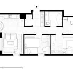 PROJEKTOWANIE WNĘTRZ Adrianna Lis - Schemat funkcjonalny mieszkania z rozmieszczeniem mebli i wyposażenia, widok z góry, skala 1-5m, parkiet w jodełkę, minimalistyczny styl.