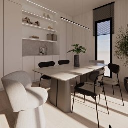 PROJEKTOWANIE WNĘTRZ Adrianna Lis - Minimalistyczna jadalnia z jasnym drewnem, szarymi krzesłami i stołem. W tle zabudowa z półkami i oświetleniem LED. Nowoczesny design z rośliną na stole.