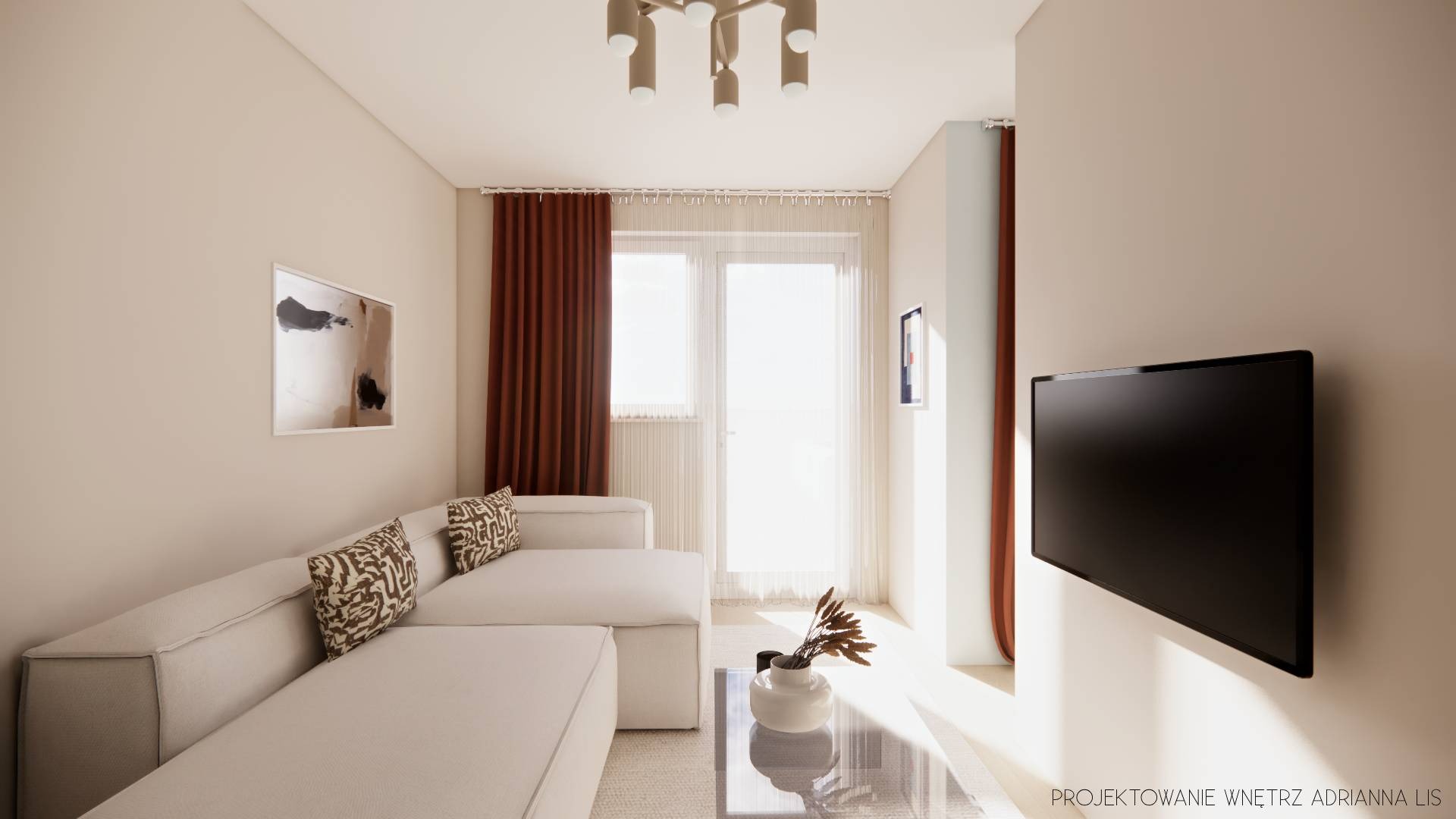 Jasny salon z narożnikiem, brązowymi zasłonami i telewizorem na ścianie. Minimalistyczny wystrój z dekoracjami i oświetleniem. Projekt wnętrza z widocznym logo projektanta.