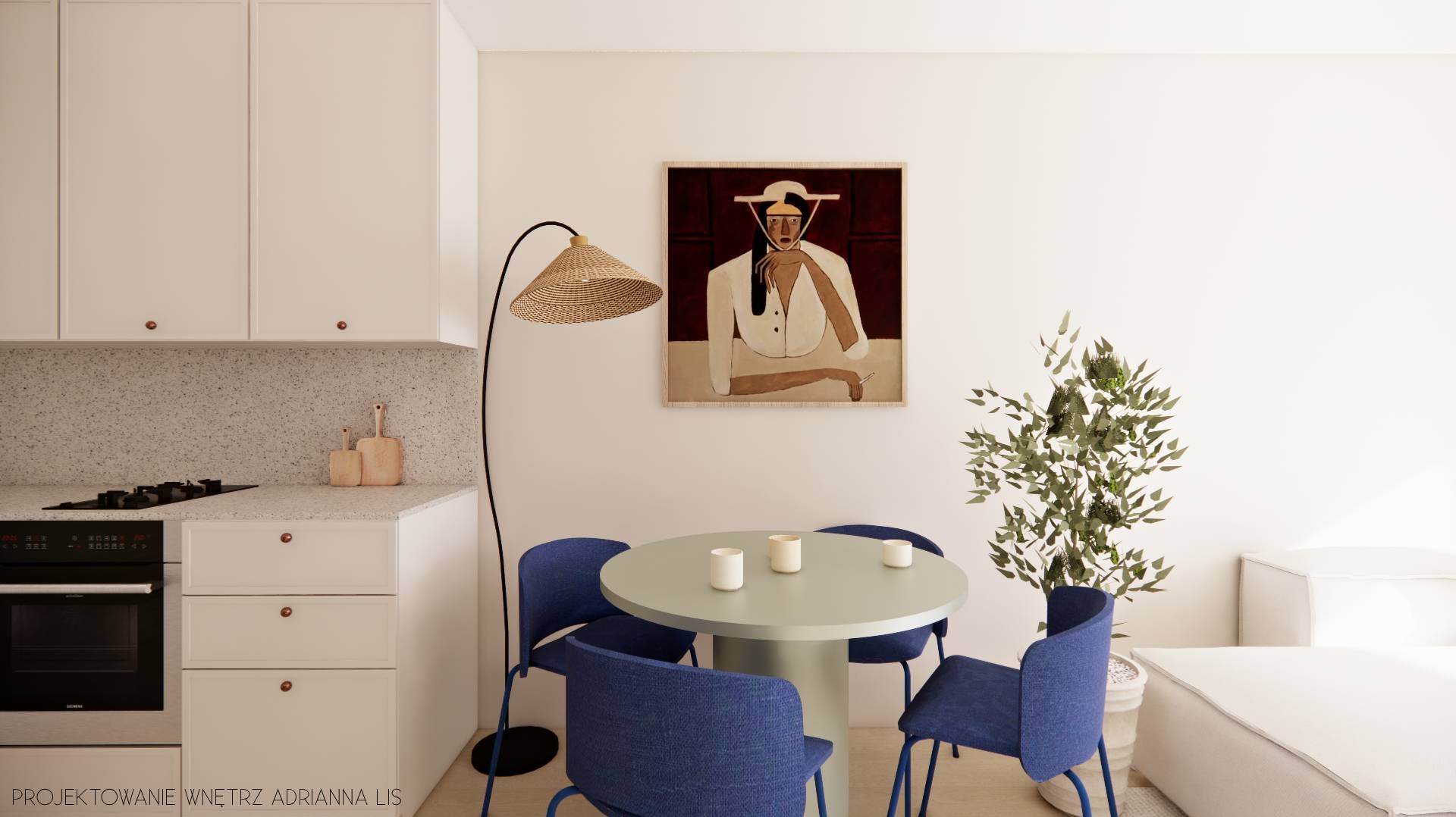 Jasna kuchnia z jadalnią: białe szafki, okrągły stół z niebieskimi krzesłami, lampa z abażurem z wikliny i obraz na ścianie. Minimalistyczny design.