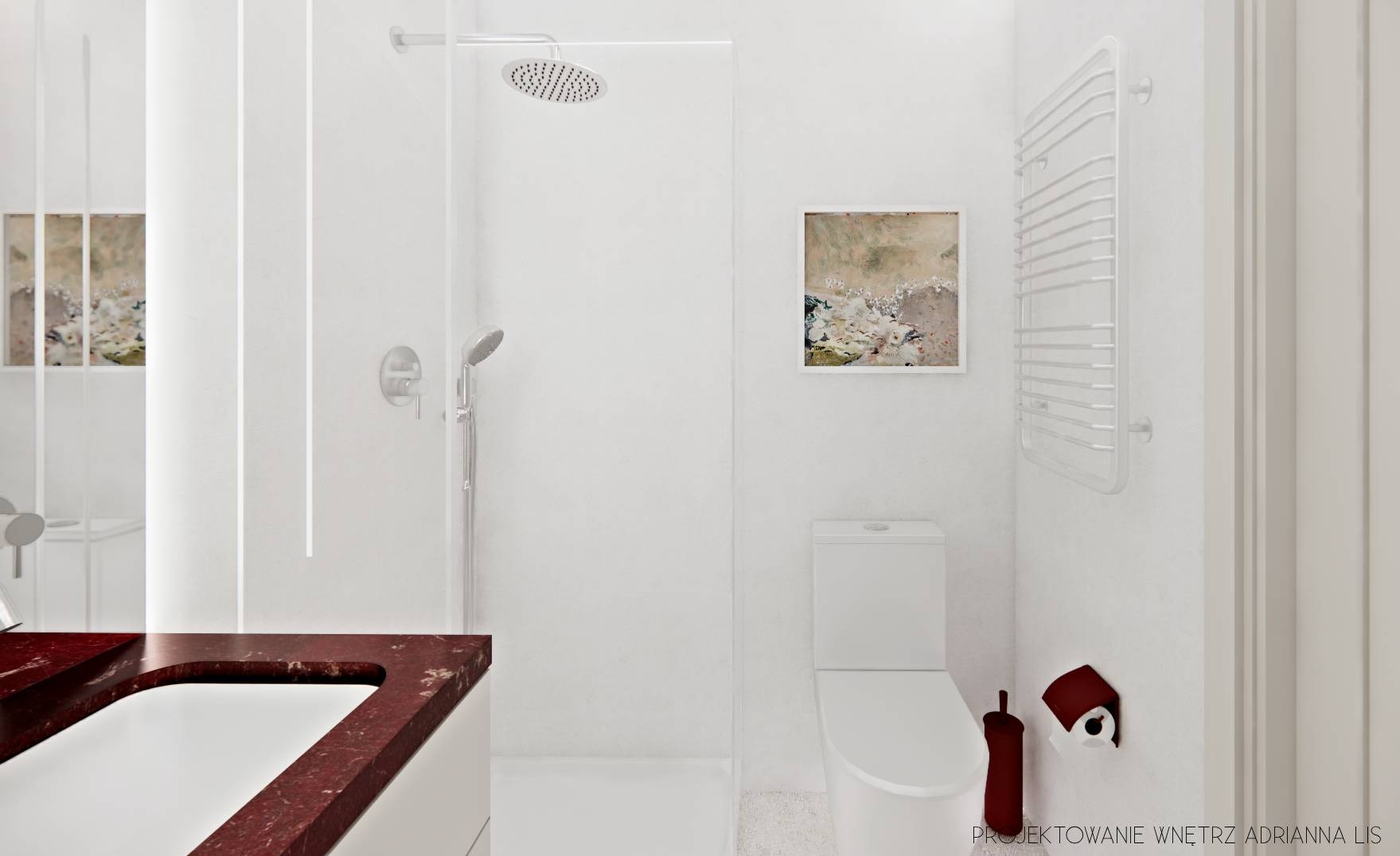 Wizualizacja łazienki w bieli z akcentem bordowego blatu umywalki i dodatków. Minimalistyczny design z kabiną prysznicową typu walk-in i grzejnikiem drabinkowym.
