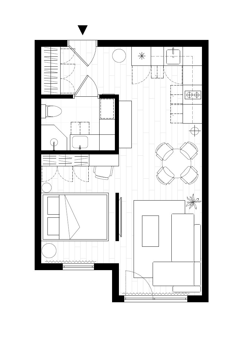 Czarno-biały rzut z góry na mieszkanie z wyraźnie zaznaczonym układem funkcjonalnym: sypialnia, łazienka, kuchnia i salon. Widoczne meble i wyposażenie.