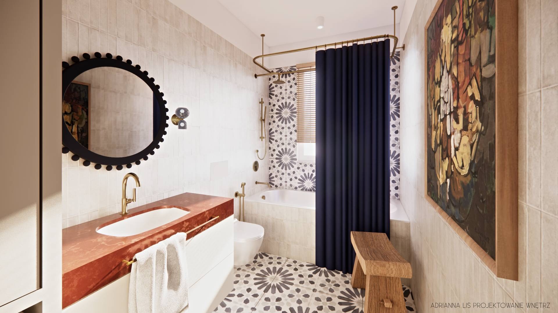 Nowoczesna łazienka z umywalką z czerwonego marmuru, okrągłym lustrem z czarną ramą i zasłoną prysznicową w kolorze granatowym. Na ścianie obraz w drewnianej ramie.