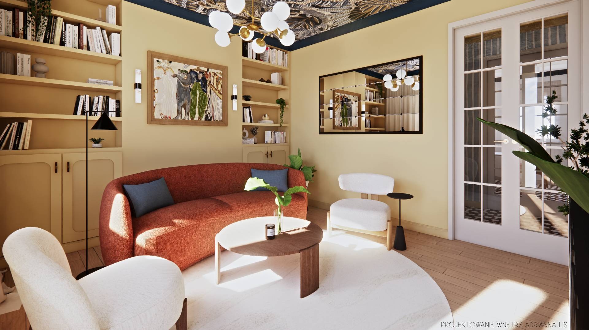 Salon w ciepłych barwach z ceglastą sofą, białymi fotelami i okrągłym stolikiem kawowym. Na ścianie obraz i lustro, a na suficie dekoracyjny wzór.