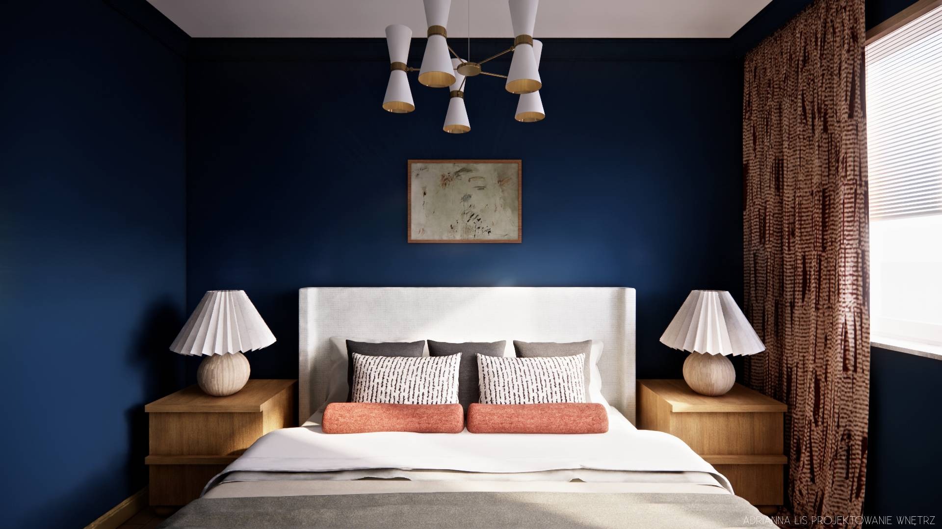 Elegancka sypialnia z granatowymi ścianami, białym zagłówkiem łóżka i designerską lampą sufitową. Na ścianie abstrakcyjny obraz w drewnianej ramie.