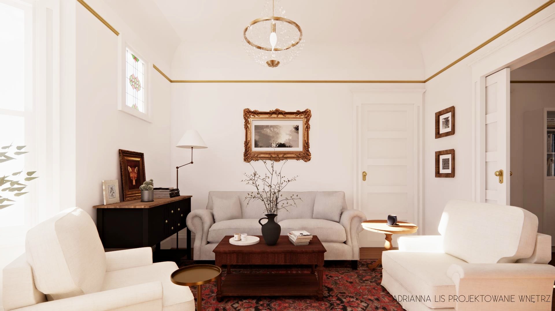 Jasny salon w stylu klasycznym z kremową sofą, drewnianym stolikiem kawowym i dywanem w orientalne wzory. Złote akcenty dekoracyjne podkreślają elegancję wnętrza.