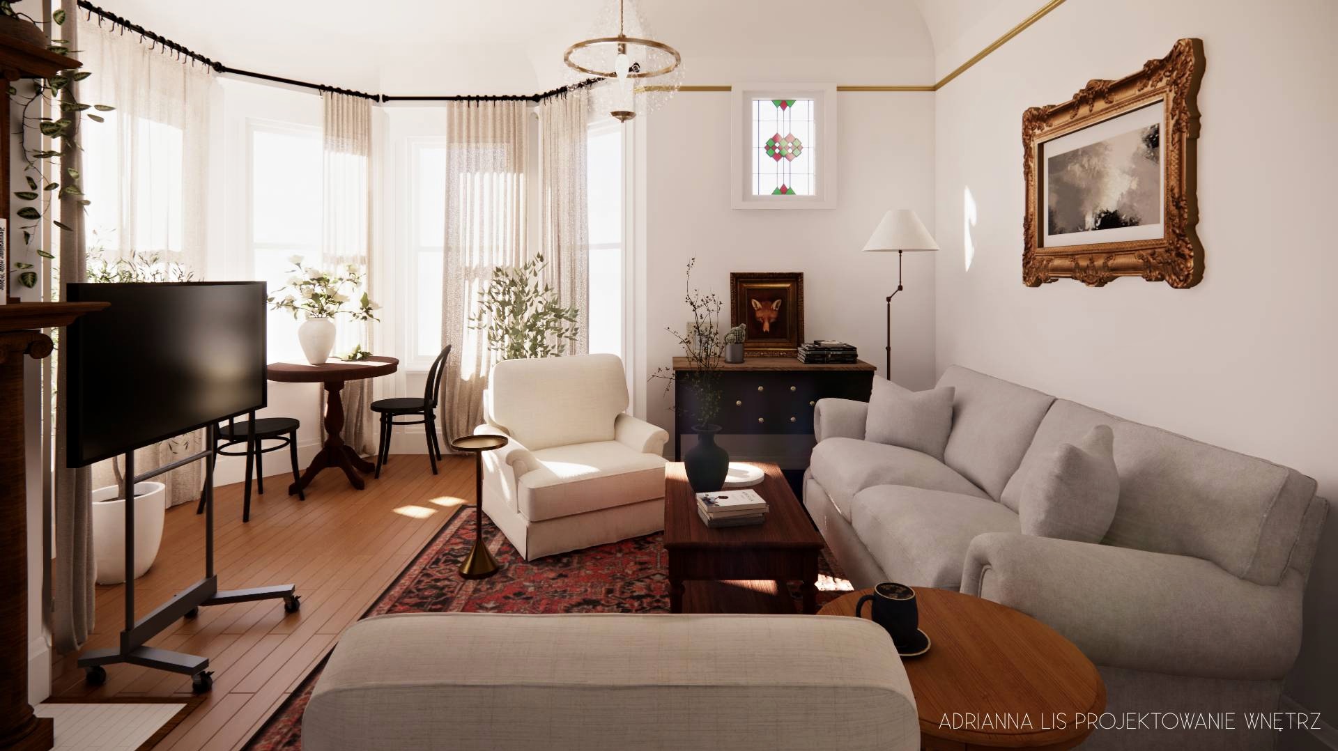 Jasne wnętrze salonu z beżową sofą, fotelem i drewnianym stolikiem kawowym. Okno z witrażem, złote akcenty i dywan w orientalny wzór dodają elegancji.