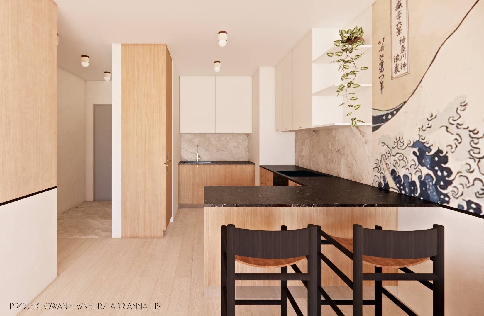 Wizualizacja kuchni z wyspą i hokerami. Marmurowy backsplash, drewniane szafki i blat. Na ścianie grafika inspirowana japońską sztuką. Projekt wnętrz.