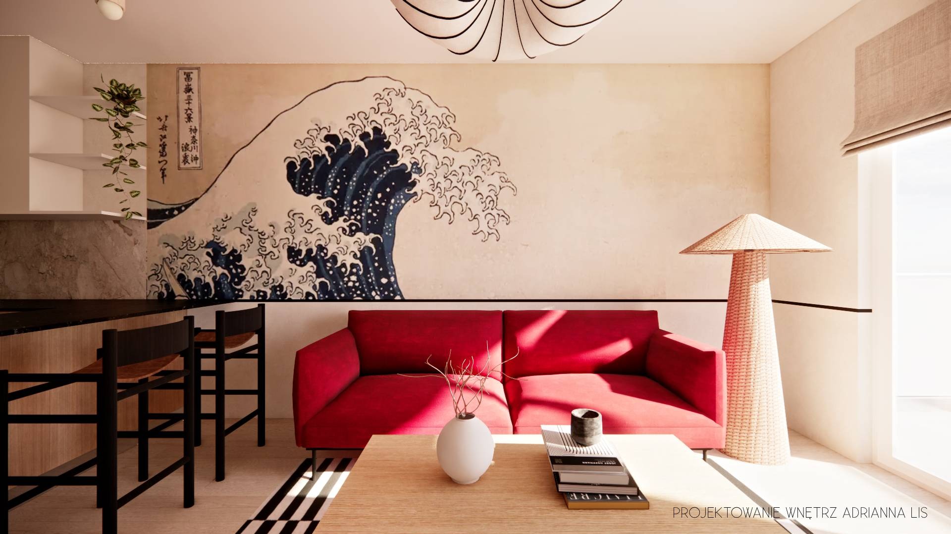 Salon z czerwoną sofą i ścianą z motywem fali, inspirowany stylem japońskim. Na stoliku wazon i książki. Widoczna lampa z abażurem z rattanu i krzesła barowe.