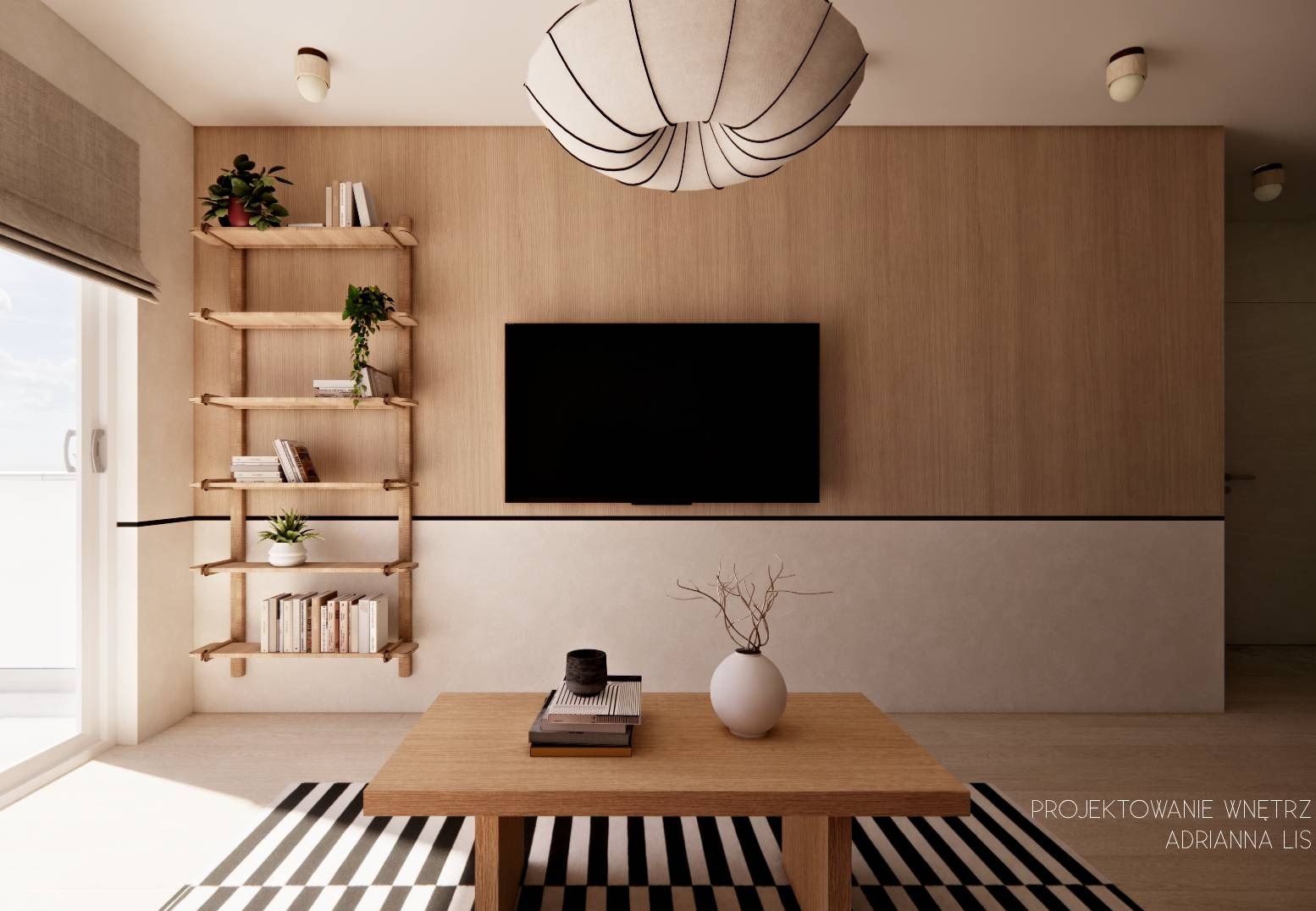 Jasne wnętrze salonu z drewnianą ścianą, półkami na książki i rośliny. Na pierwszym planie stolik kawowy z dekoracjami i czarno-biały dywan w paski.