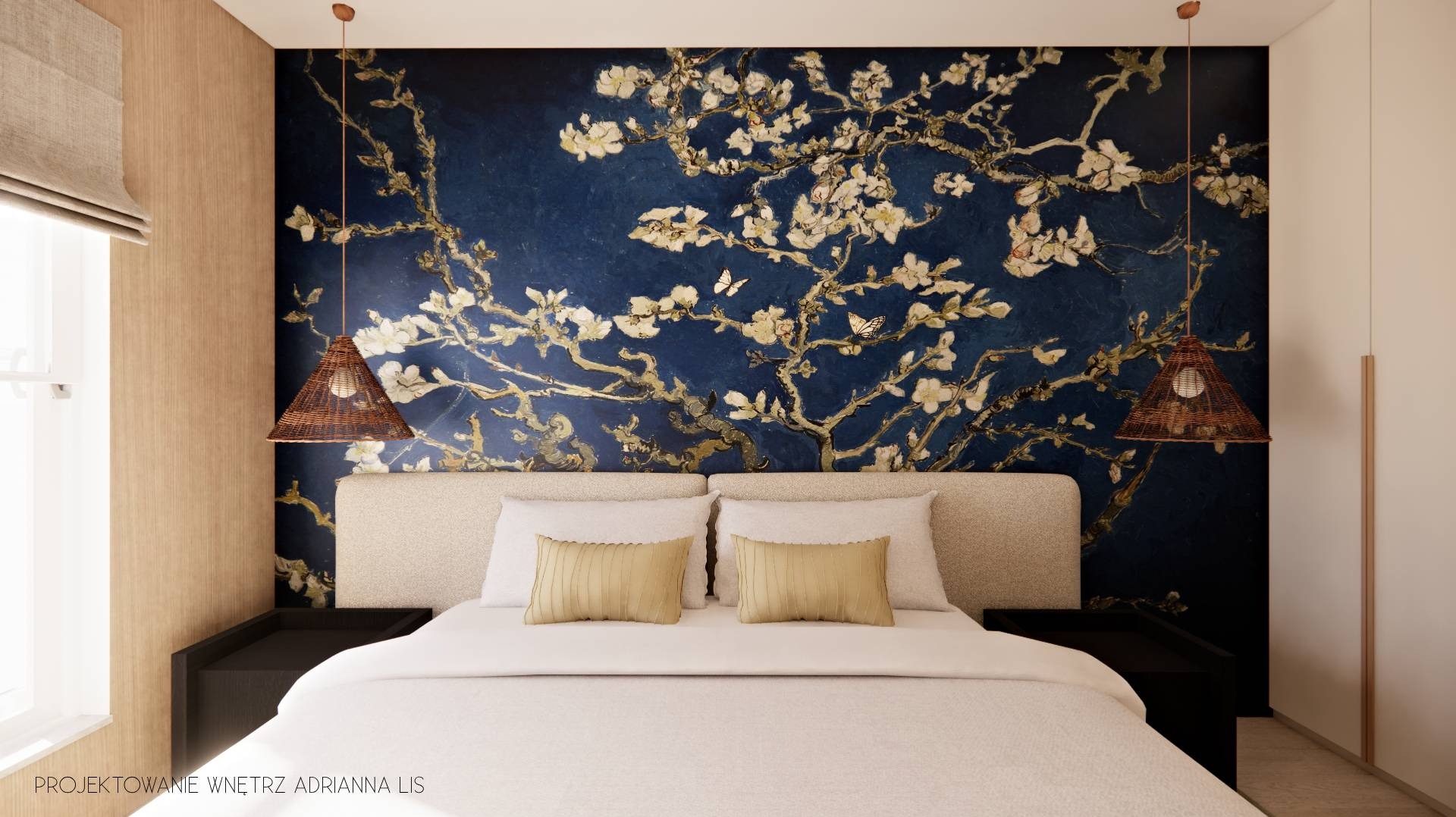 Sypialnia z łóżkiem i tapetą w stylu Van Gogha, oświetlona wiklinowymi lampami. Minimalistyczne szafki nocne i jasna pościel. Widoczne detale tekstury tapety.