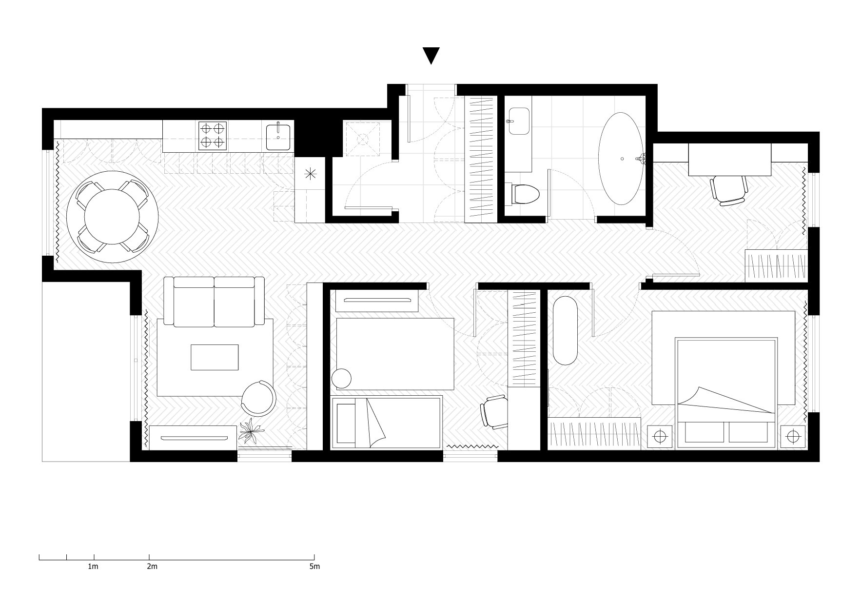 Schemat funkcjonalny mieszkania z rozmieszczeniem mebli i wyposażenia, widok z góry, skala 1-5m, parkiet w jodełkę, minimalistyczny styl.