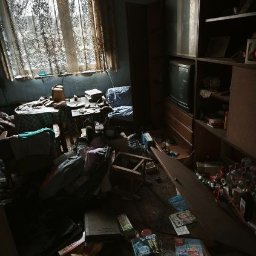 Przeprowadzki - Zaniedbane wnętrze pokoju z meblami, stertą przedmiotów na podłodze i oknem z firanką. Widoczny stary telewizor i butelki. Przygnębiająca atmosfera.