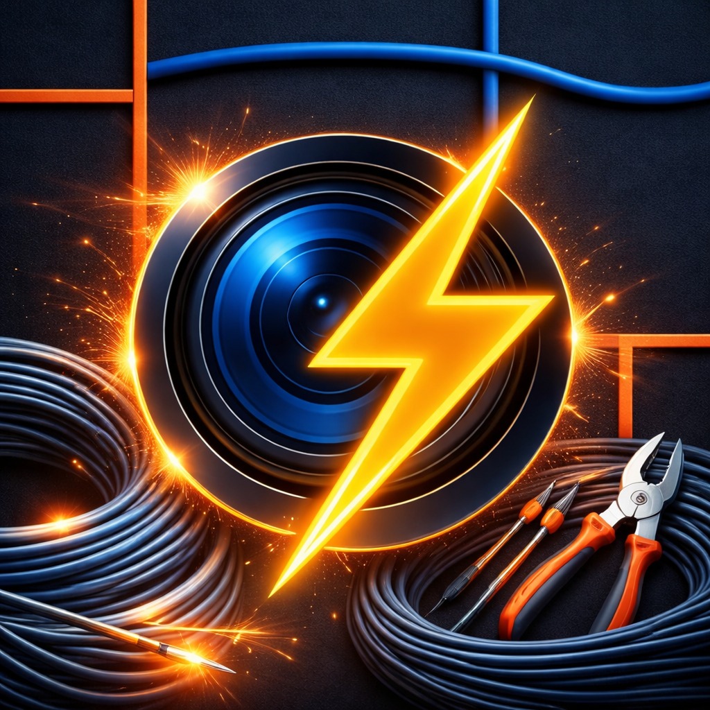 Stylizowana grafika: kable, narzędzia elektryczne, symbol błyskawicy w okręgu, iskry. Ilustracja z elementami instalacji elektrycznej i narzędzi monterskich.