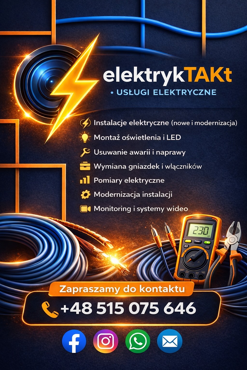 Grafika reklamowa elektryka: kable, miernik, narzędzia, piorun. Usługi elektryczne, instalacje, oświetlenie LED, pomiary, modernizacja, monitoring. Kontakt: +48 515 075 646.