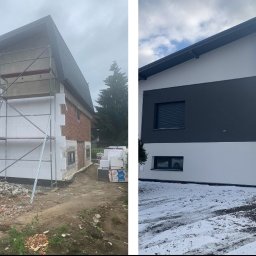 DMP - Ocieplanie elewacji domu: widok przed (styropian, rusztowanie) i po (szara i biała elewacja, czyste otoczenie).