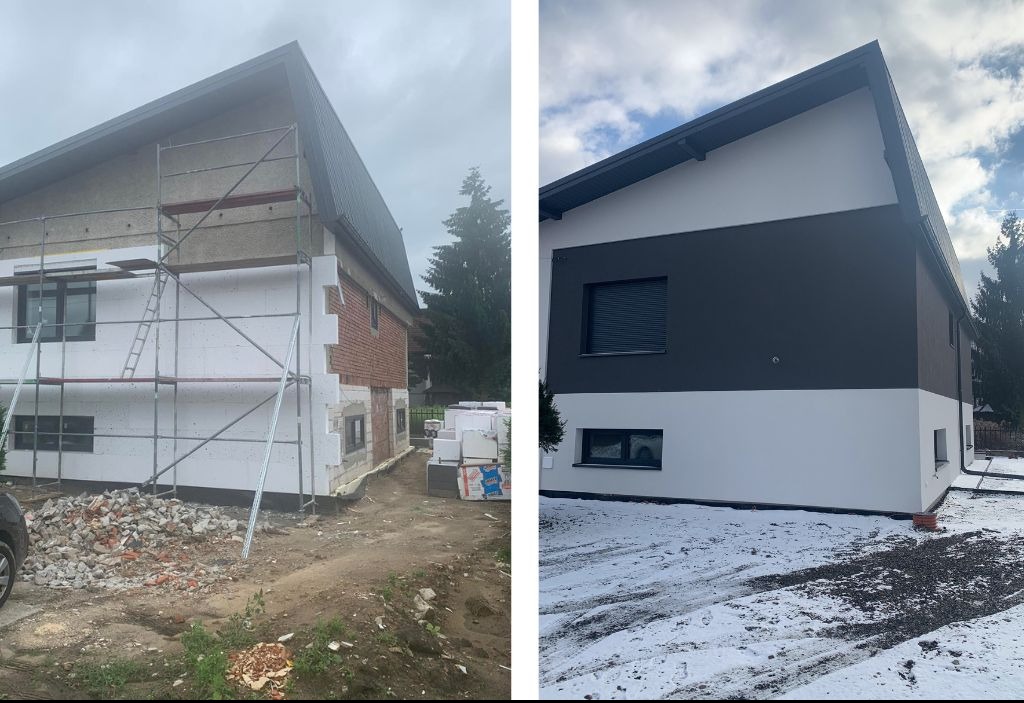 Ocieplanie elewacji domu: widok przed (styropian, rusztowanie) i po (szara i biała elewacja, czyste otoczenie).